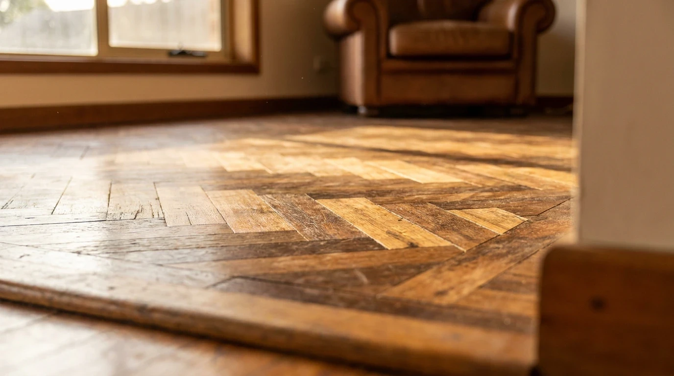 Worn, faded herringbone parquetry flooring