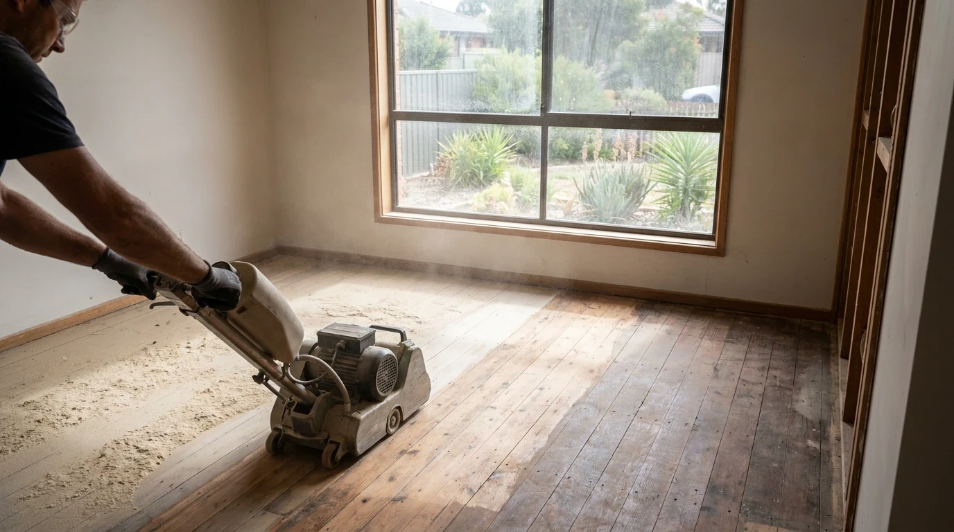 Timber floor part-way through sanding in an empty room