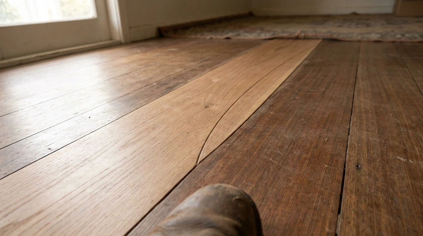 Close-up of a repaired timber floorboard join