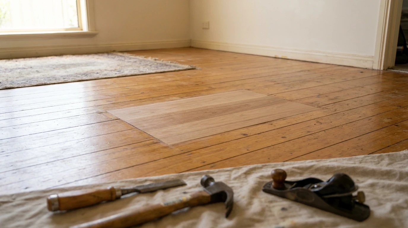 Hand tools laid out on a timber floor
